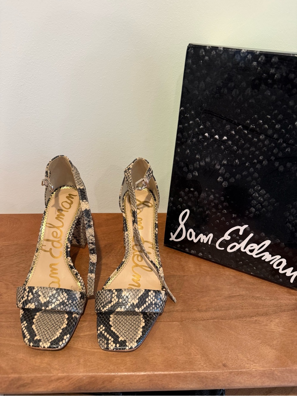 Sam Edelman Snake-Print Ankle-Strap Block Heels in Beige and Black